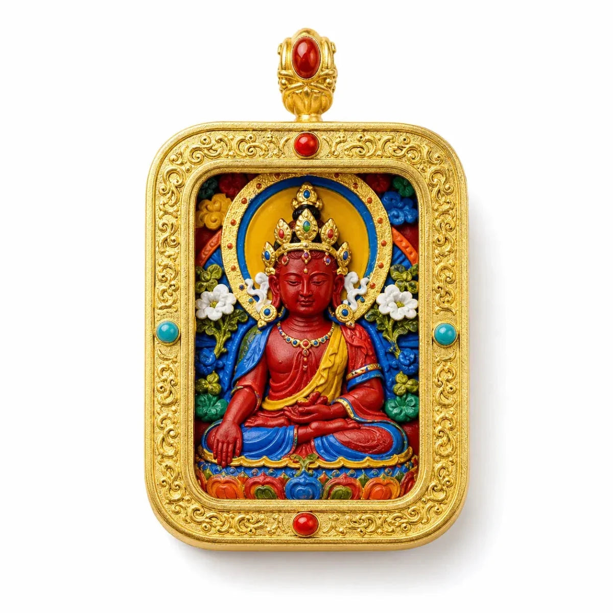 Tibetan Cinnabar Thangka Relief Pendant — Sacred Figure Ghau Amulet in Gold-Plated Frame Tibet Art