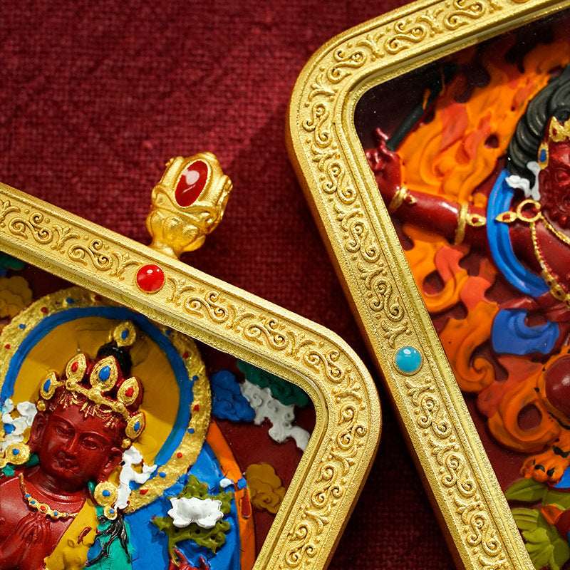 Tibetan Cinnabar Thangka Relief Pendant — Sacred Figure Ghau Amulet in Gold-Plated Frame Tibet Art