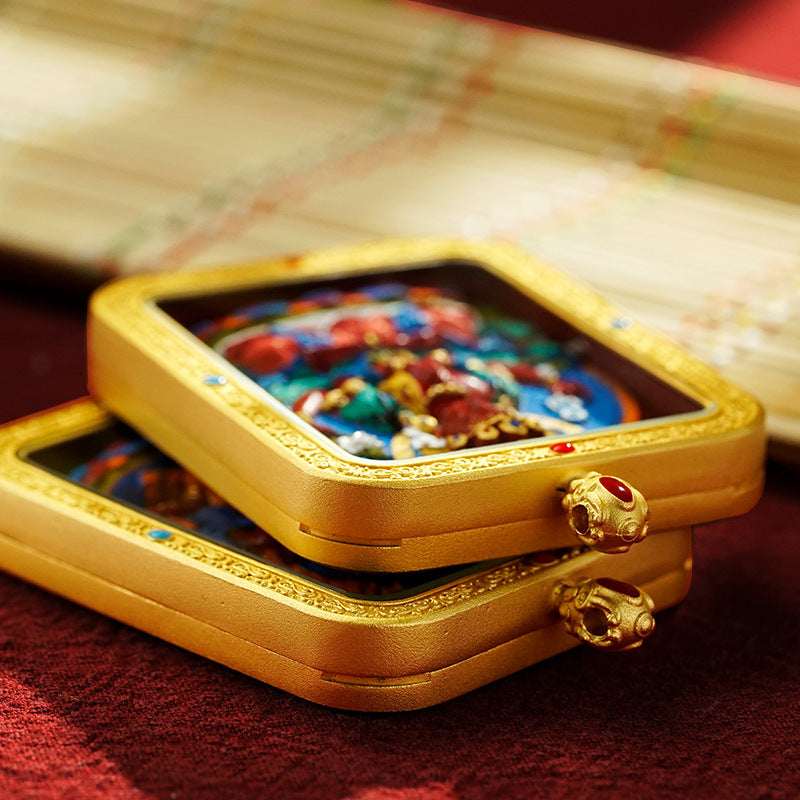 Tibetan Cinnabar Thangka Relief Pendant — Sacred Figure Ghau Amulet in Gold-Plated Frame Tibet Art