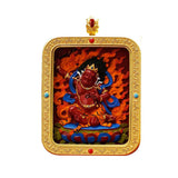 Tibetan Cinnabar Thangka Relief Pendant — Sacred Figure Ghau Amulet in Gold-Plated Frame Tibet Art