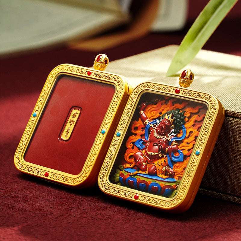 Tibetan Cinnabar Thangka Relief Pendant — Sacred Figure Ghau Amulet in Gold-Plated Frame Tibet Art