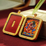 Tibetan Cinnabar Thangka Relief Pendant — Sacred Figure Ghau Amulet in Gold-Plated Frame Tibet Art