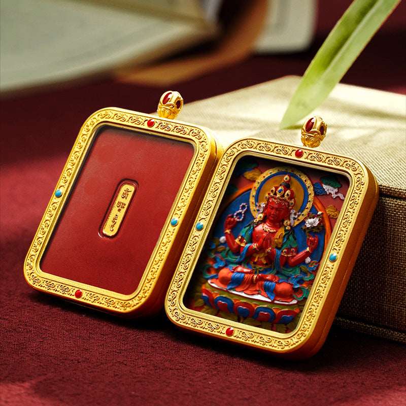 Tibetan Cinnabar Thangka Relief Pendant — Sacred Figure Ghau Amulet in Gold-Plated Frame Tibet Art