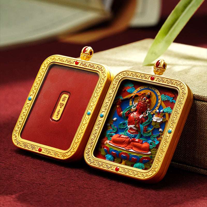 Tibetan Cinnabar Thangka Relief Pendant — Sacred Figure Ghau Amulet in Gold-Plated Frame Tibet Art