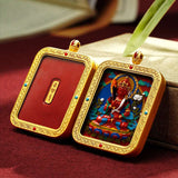 Tibetan Cinnabar Thangka Relief Pendant — Sacred Figure Ghau Amulet in Gold-Plated Frame Tibet Art