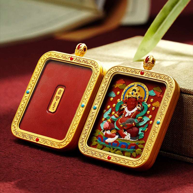 Tibetan Cinnabar Thangka Relief Pendant — Sacred Figure Ghau Amulet in Gold-Plated Frame Tibet Art