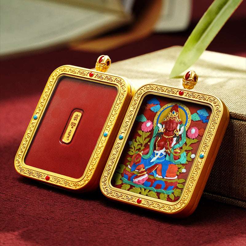 Tibetan Cinnabar Thangka Relief Pendant — Sacred Figure Ghau Amulet in Gold-Plated Frame Tibet Art