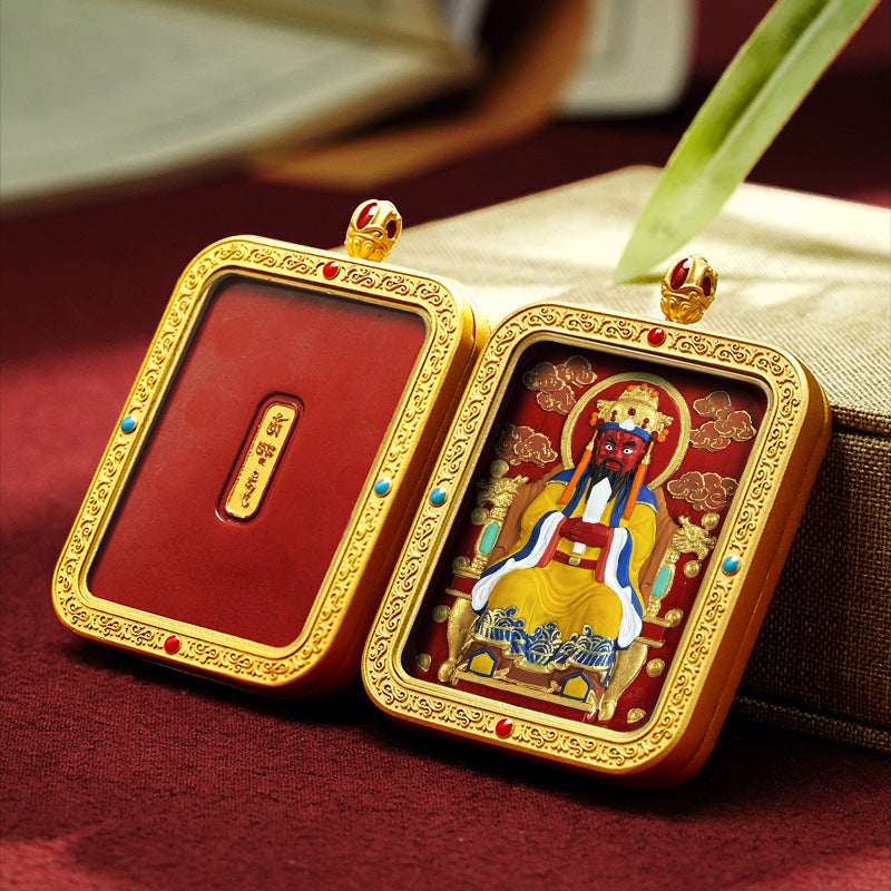 Tibetan Cinnabar Thangka Relief Pendant — Sacred Figure Ghau Amulet in Gold-Plated Frame Tibet Art