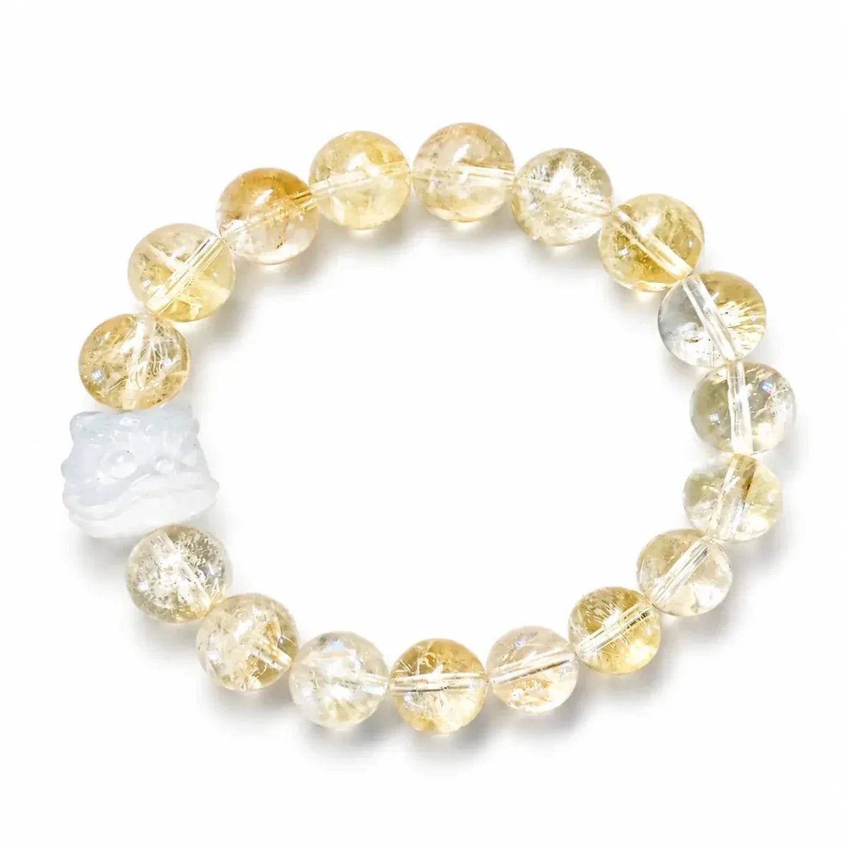 Yellow Citrine Pixiu Bracelet Collection — Natural Asai Crystal Charms For Wealth & Protection - 10mm Selenite Guardian Lion (Light Tone)Tibet Art