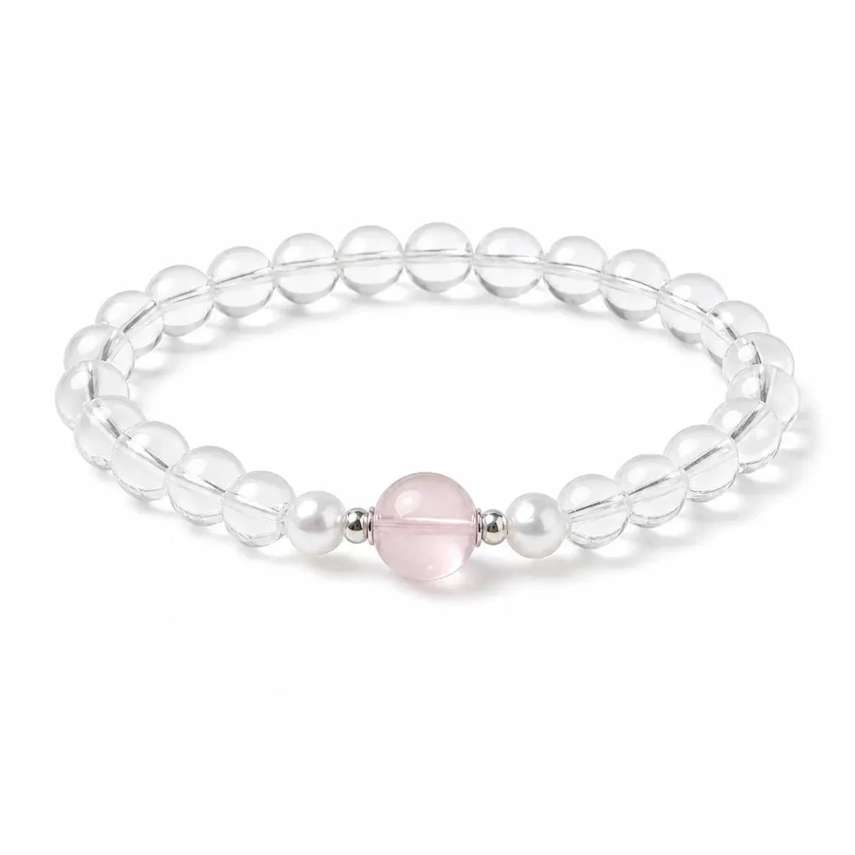 White Quartz & Star Rose Quartz Bead Bracelet — Soft-Tone Natural Crystal Stack Tibet Art