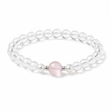White Quartz & Star Rose Quartz Bead Bracelet — Soft-Tone Natural Crystal Stack Tibet Art