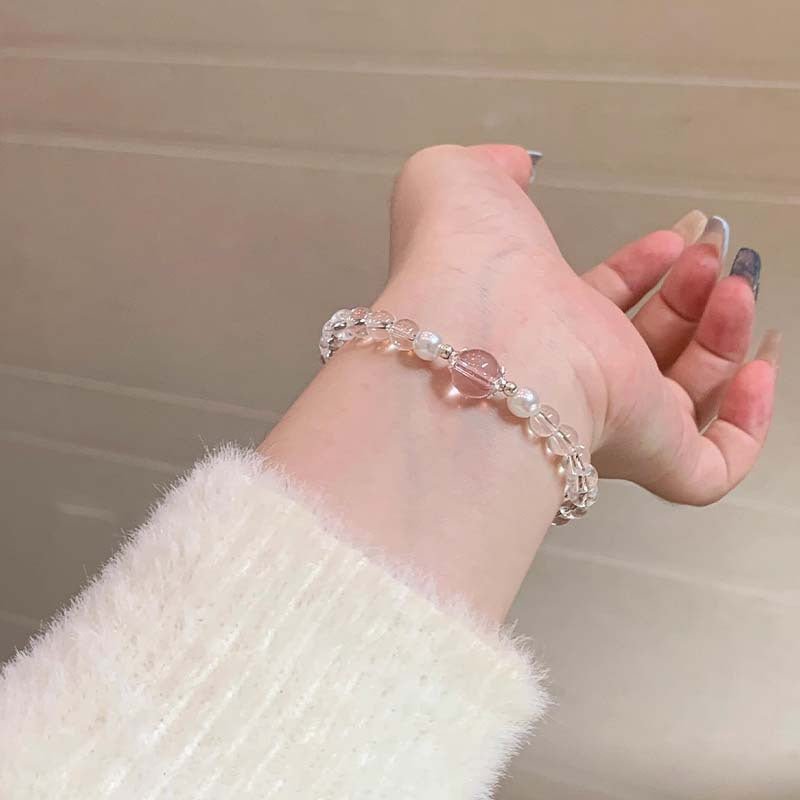 White Quartz & Star Rose Quartz Bead Bracelet — Soft - Tone Natural Crystal Stack - Tibet Art