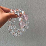 White Quartz & Star Rose Quartz Bead Bracelet — Soft - Tone Natural Crystal Stack - Tibet Art