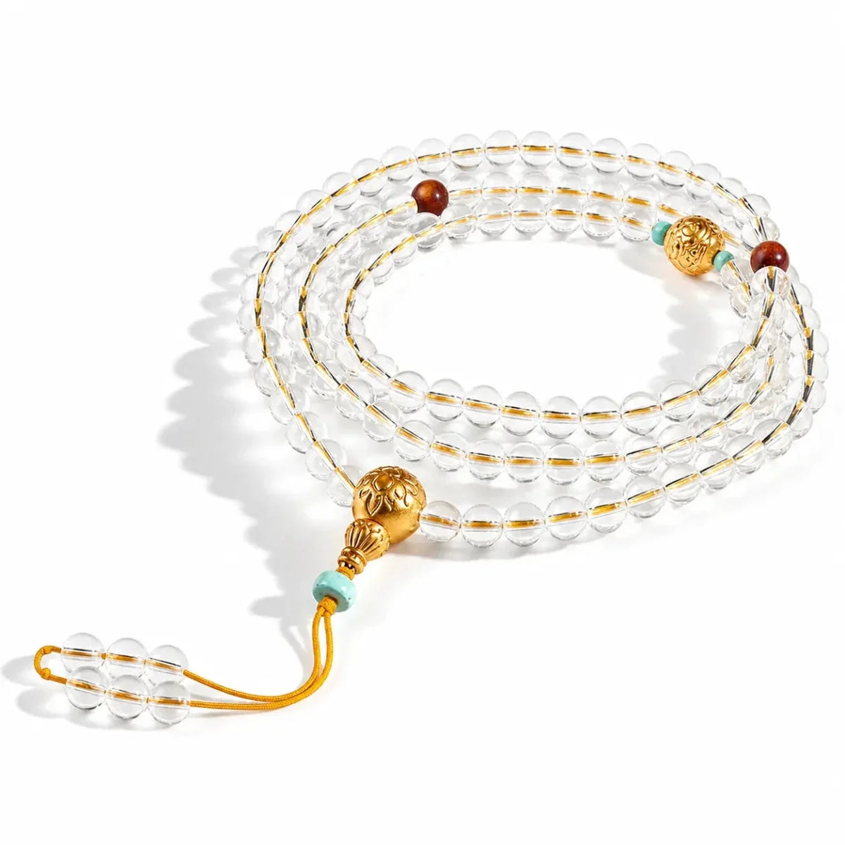 Yellow Jambhala 108-Bead White Crystal Mala Bracelet — Clear Quartz & Sandalwood for Wealth Practice Tibet Art