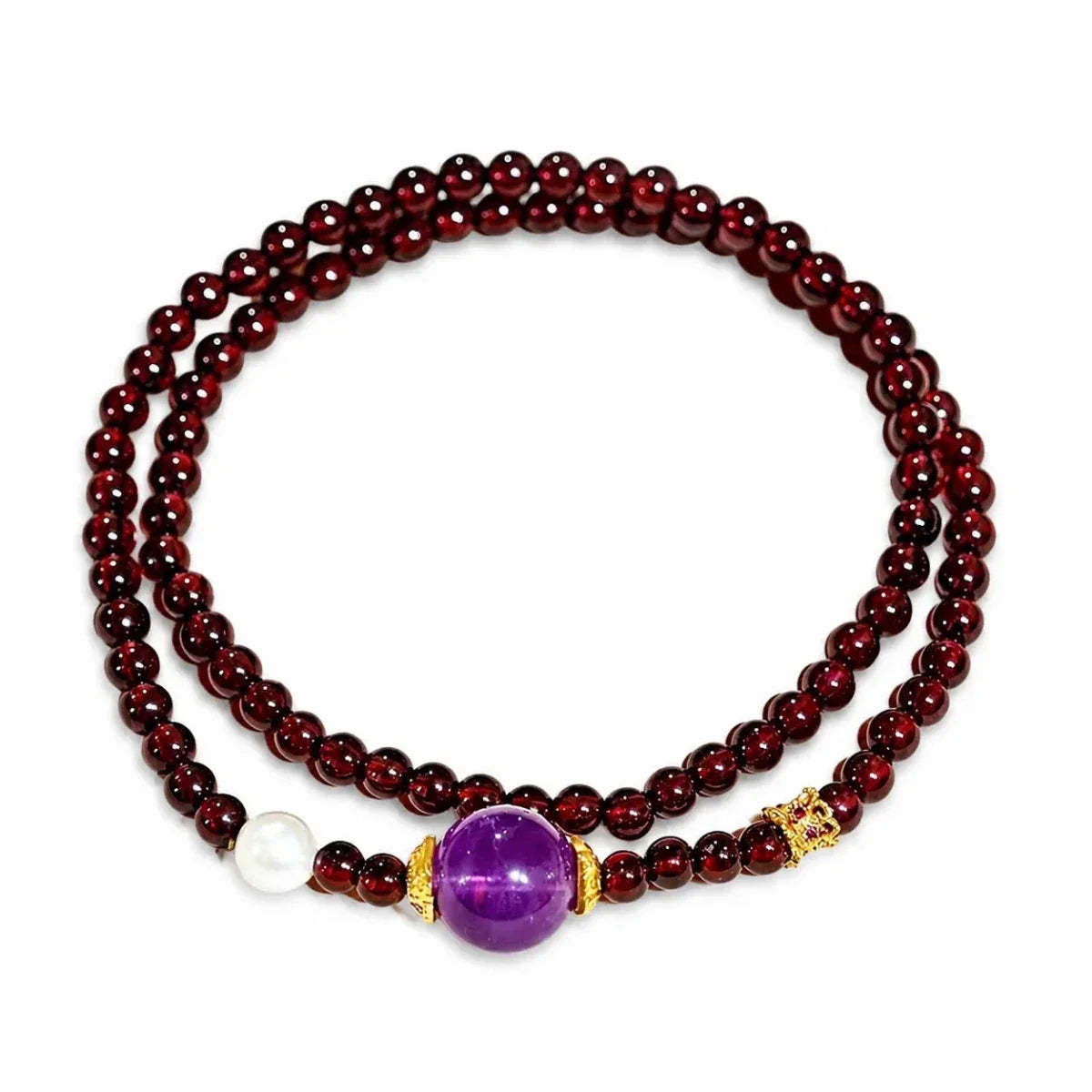 Layered Garnet & Chalcedony Bracelet Stack — Multi-Stone Bead Set for Protection & Calm - Double-Layer Garnet & AmethystTibet Art