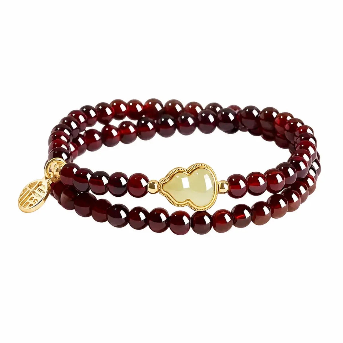 Garnet & Hetian Jade Bracelet — Lucky Charm Bead Bracelet for Wealth & Protection - Hetian Jade Gourd Fu EditionTibet Art