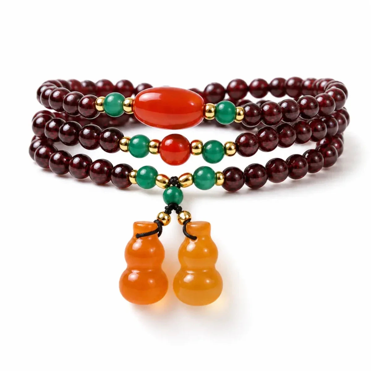 Natural Garnet Crystal Multi-Layer Bracelet — with Double Gourd or Peace Apple Charm Tibet Art