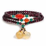 Natural Garnet Crystal Multi-Layer Bracelet — with Double Gourd or Peace Apple Charm - Garnet with Double Peace Apple CharmTibet Art