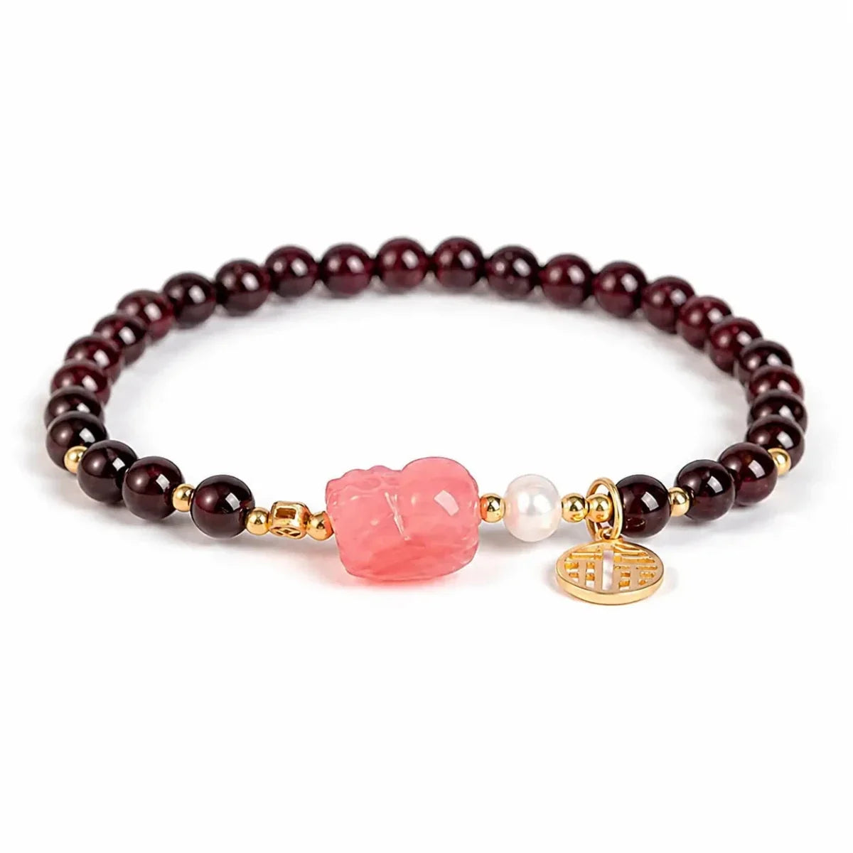 Garnet & Hetian Jade Bracelet — Lucky Charm Bead Bracelet for Wealth & Protection - Strawberry Quartz with PixiuTibet Art