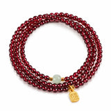 Natural Garnet Triple Wrap Bracelet — Chinese Good Fortune Charm with Tibet Art