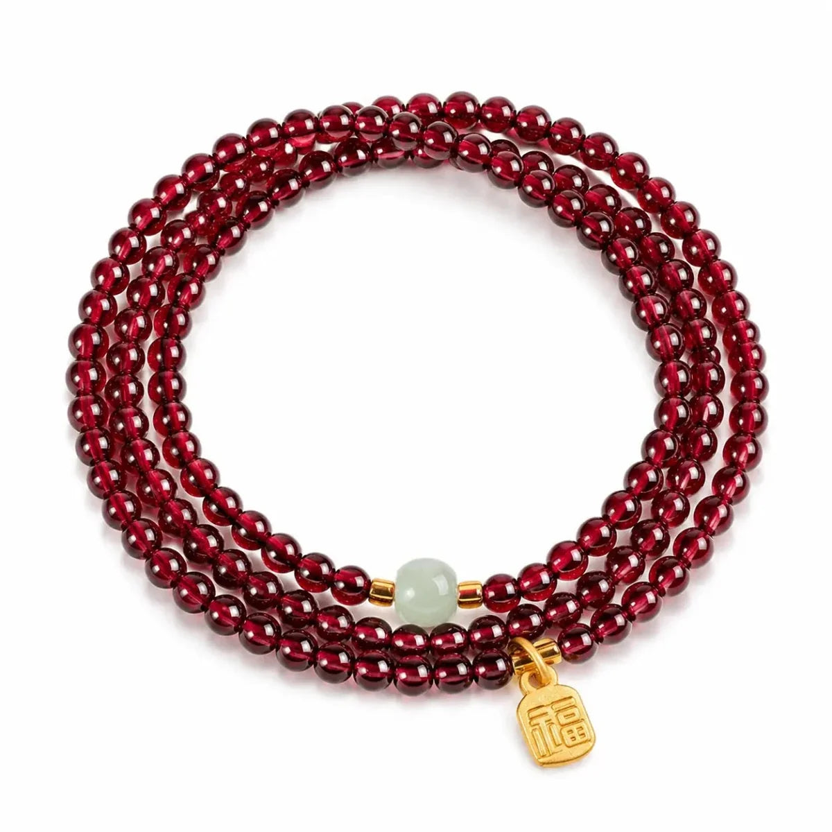 Natural Garnet Triple Wrap Bracelet — Chinese Good Fortune Charm with Tibet Art