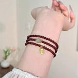 Natural Garnet Triple Wrap Bracelet — Chinese Good Fortune Charm with Jade & Stone Beads Tibet Art