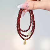 Natural Garnet Triple Wrap Bracelet — Chinese Good Fortune Charm with Jade & Stone Beads Tibet Art