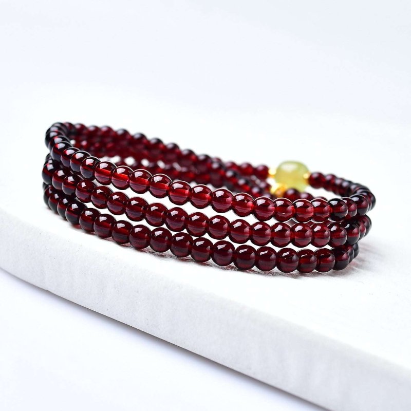 Natural Garnet Triple Wrap Bracelet — Chinese Good Fortune Charm with Jade & Stone Beads Tibet Art