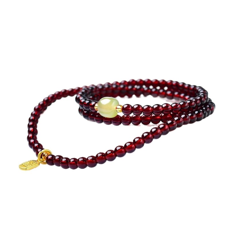 Natural Garnet Triple Wrap Bracelet — Chinese Good Fortune Charm with Jade & Stone Beads Tibet Art