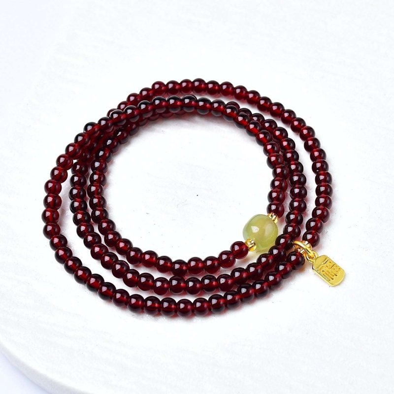 Natural Garnet Triple Wrap Bracelet — Chinese Good Fortune Charm with Jade & Stone Beads Tibet Art