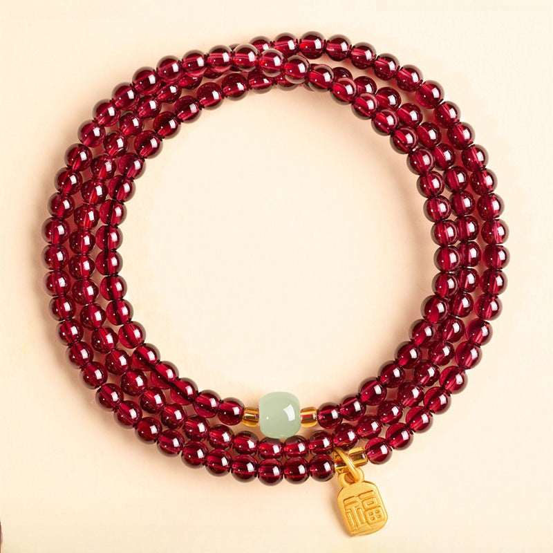 Natural Garnet Triple Wrap Bracelet — Chinese Good Fortune Charm with Jade & Stone Beads Tibet Art