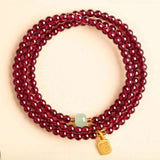 Natural Garnet Triple Wrap Bracelet — Chinese Good Fortune Charm with Jade & Stone Beads Tibet Art