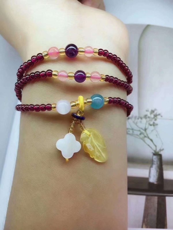 Natural Garnet Triple Wrap Bracelet — Chinese Good Fortune Charm with Jade & Stone Beads Tibet Art
