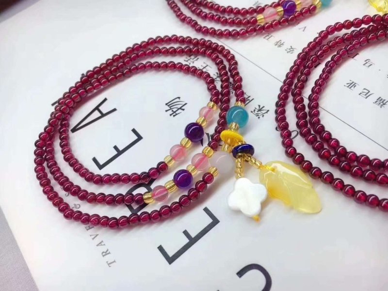 Natural Garnet Triple Wrap Bracelet — Chinese Good Fortune Charm with Jade & Stone Beads Tibet Art