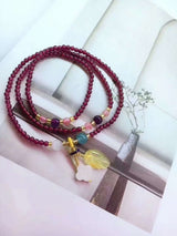 Natural Garnet Triple Wrap Bracelet — Chinese Good Fortune Charm with Jade & Stone Beads Tibet Art