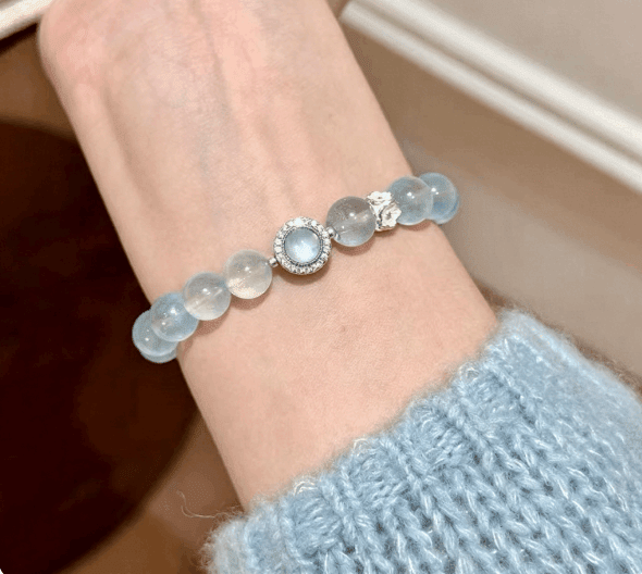 Moonstone & Aquamarine Bead Bracelet — Soft Glow Charm for Luck & Love Tibet Art