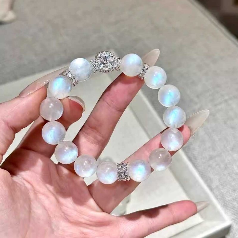 Moonstone & Aquamarine Bead Bracelet — Soft Glow Charm for Luck & Love Tibet Art