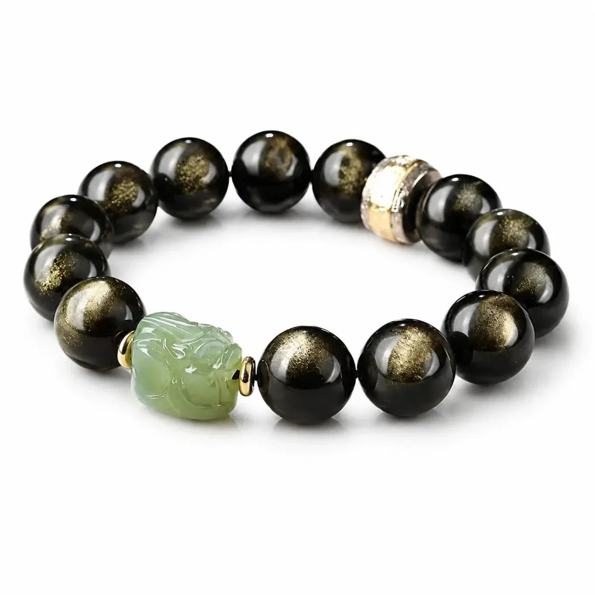 Gold Sheen Obsidian Jade Pixiu Bracelet — Keep Wealth Close - 10mm Gold Sheen Obsidian + White Jade PixiuTibet Art