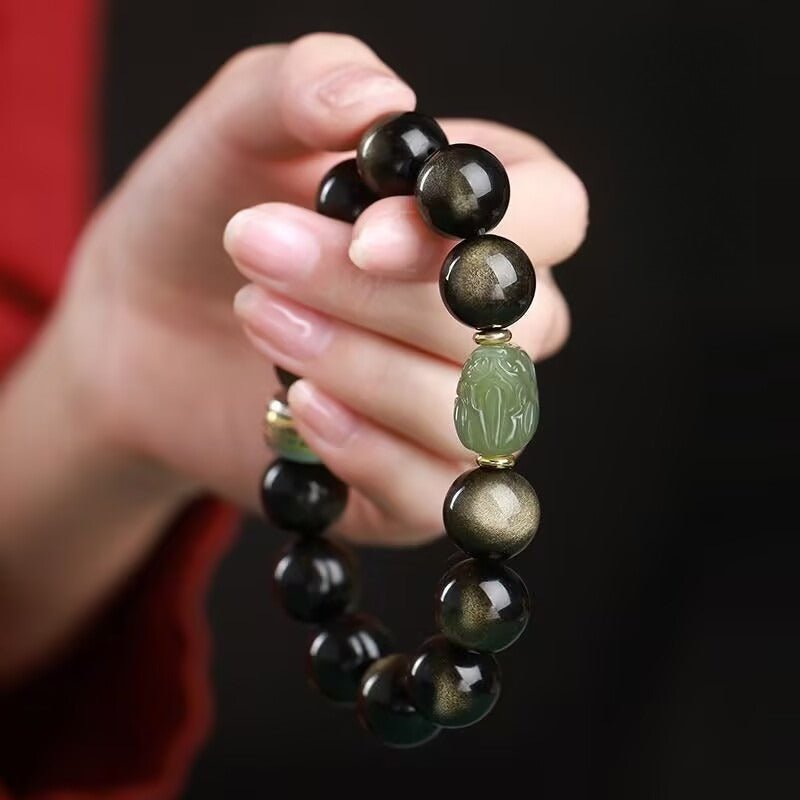 Gold Sheen Obsidian Jade Pixiu Bracelet — Keep Wealth Close - 10mm Gold Sheen Obsidian + White Jade PixiuTibet Art
