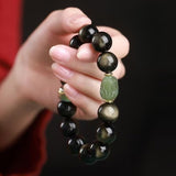 Gold Sheen Obsidian Jade Pixiu Bracelet — Keep Wealth Close - 10mm Gold Sheen Obsidian + White Jade PixiuTibet Art