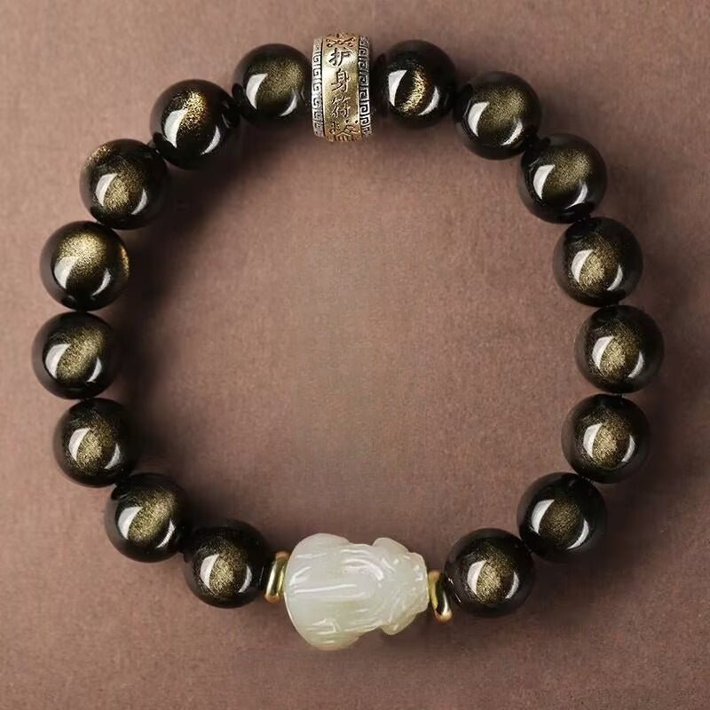 Gold Sheen Obsidian Jade Pixiu Bracelet — Keep Wealth Close - 10mm Gold Sheen Obsidian + White Jade PixiuTibet Art