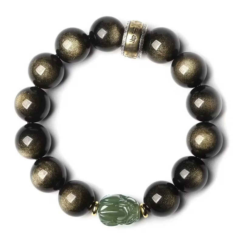 Gold Sheen Obsidian Jade Pixiu Bracelet — Keep Wealth Close - 10mm Gold Sheen Obsidian + White Jade PixiuTibet Art