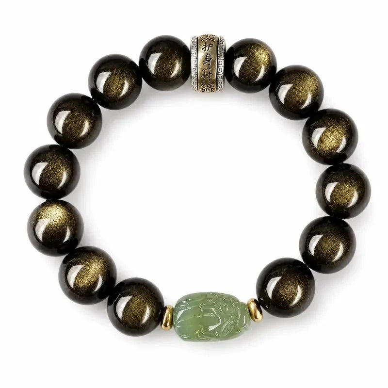 Gold Sheen Obsidian Jade Pixiu Bracelet — Keep Wealth Close Tibet Art