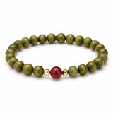 Green Sandalwood Mala Bracelet with Cinnabar & Agate — Natural Wood Beads for Grounding & Intention Tibet Art