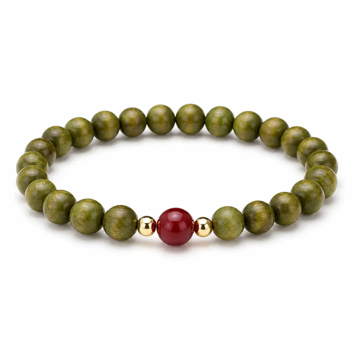 Green Sandalwood Mala Bracelet with Cinnabar & Agate — Natural Wood Beads for Grounding & Intention Tibet Art