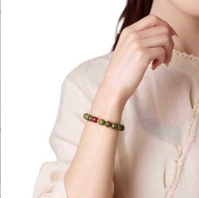 Green Sandalwood Mala Bracelet with Cinnabar & Agate — Natural Wood Beads for Grounding & Intention Tibet Art