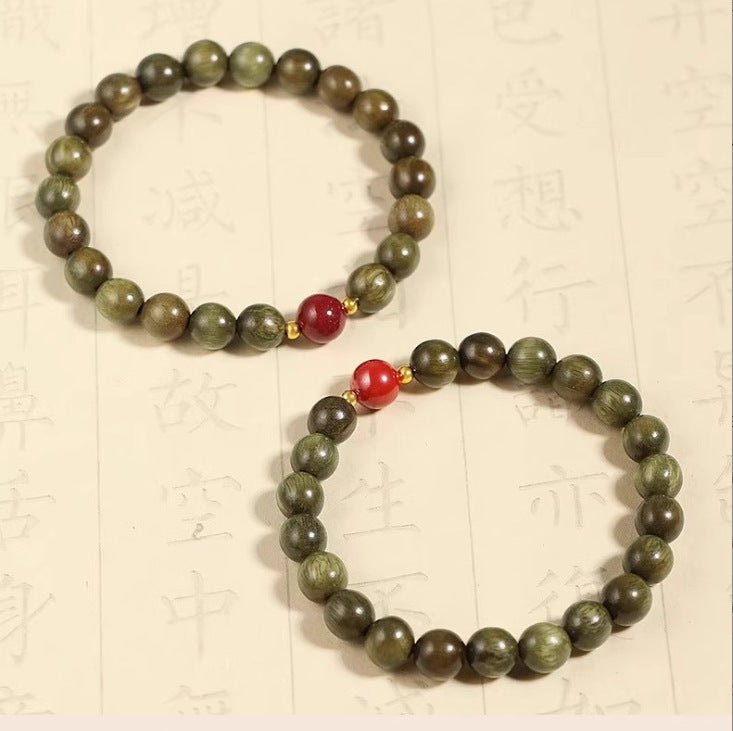 Green Sandalwood Mala Bracelet with Cinnabar & Agate — Natural Wood Beads for Grounding & Intention Tibet Art