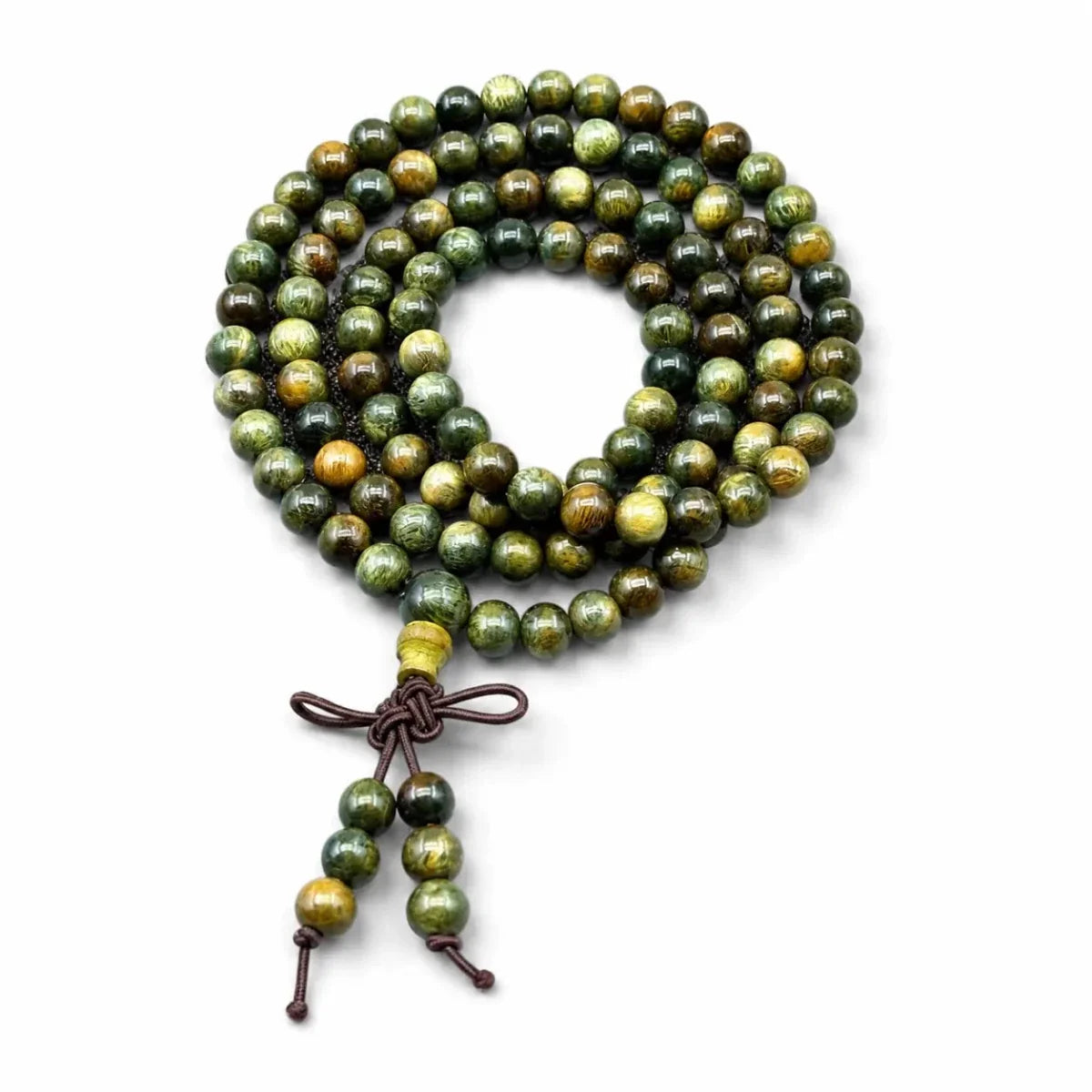 Multi-Wood 108-Bead Mala Bracelet — Natural Wood Prayer Beads for Daily Wear & Meditation - Green Sandalwood (Figured Grain) 6mmTibet Art