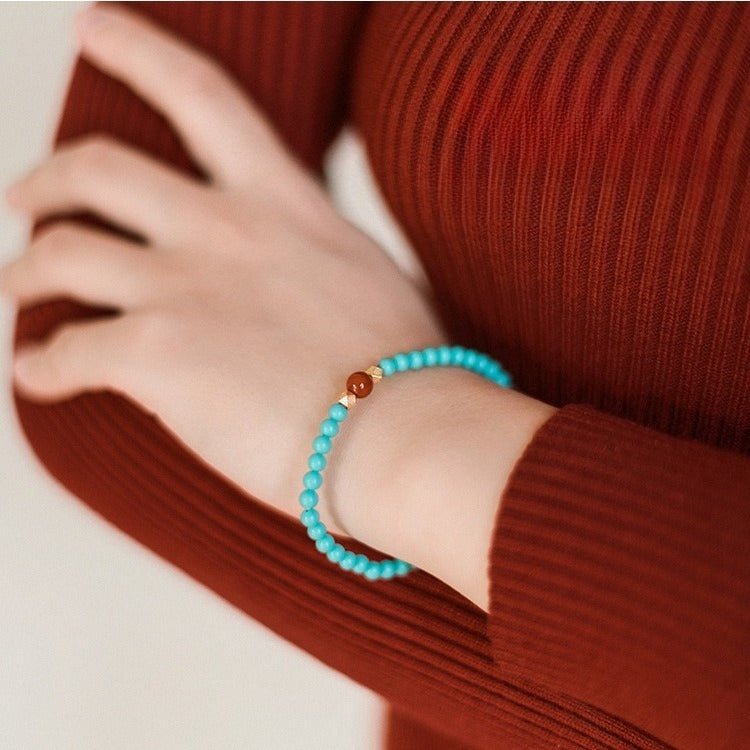 Green Turquoise & Red Agate Bracelet — Two Earth Stones, One Strand - Turquoise & Red AgateTibet Art