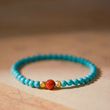 Green Turquoise & Red Agate Bracelet — Two Earth Stones, One Strand - Turquoise & Red AgateTibet Art